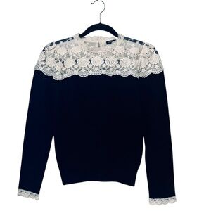 Jessie Liu Amari Black Merino Wool Long Sleeve Sweater Lace Yoke Detail